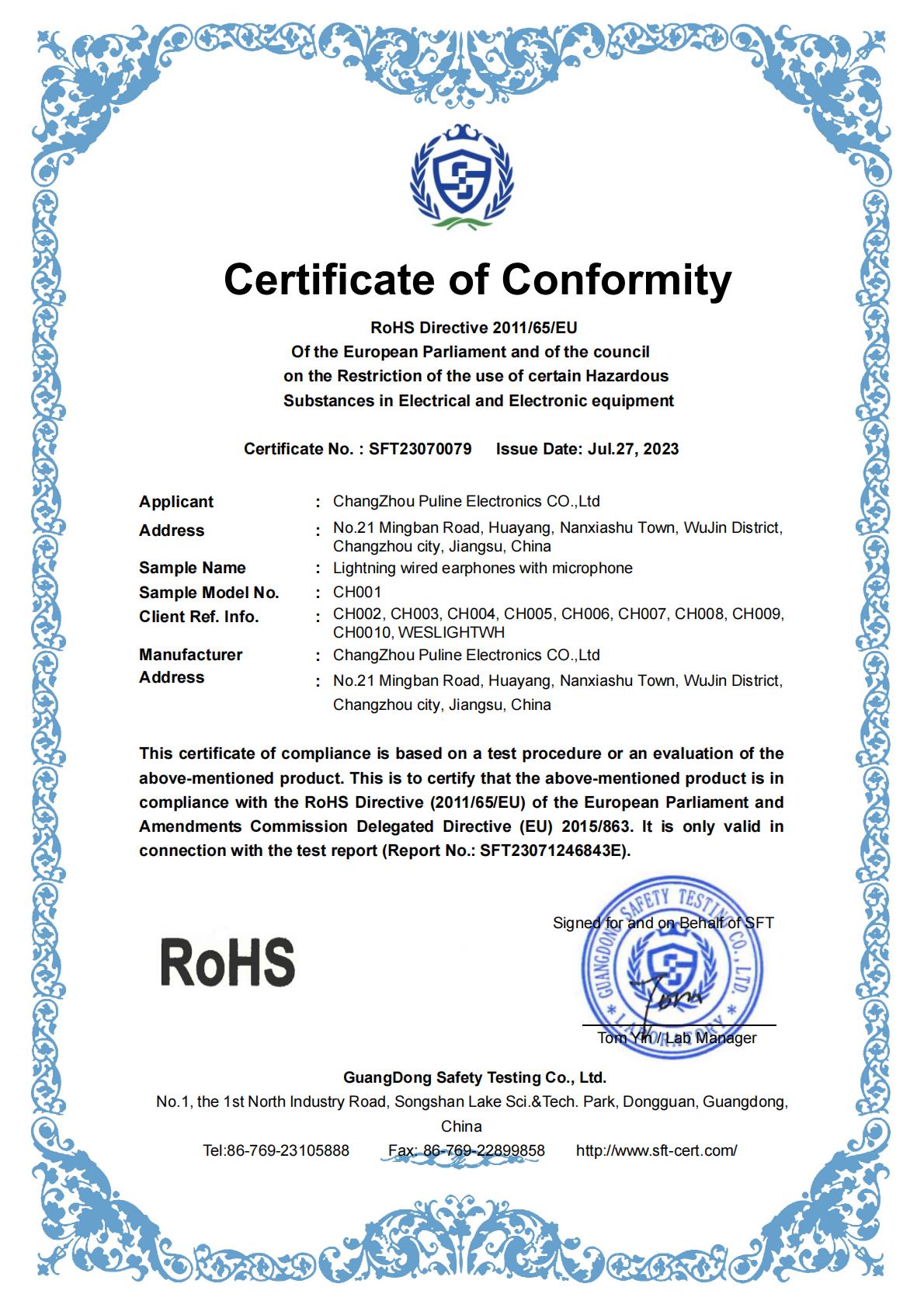 RoHS FOR LIGHTNING EARPHONES